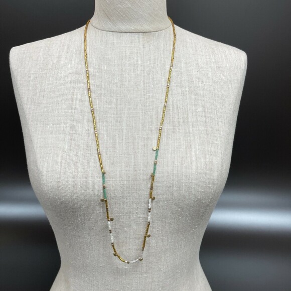 Unbranded Jewelry - Gold-tone‎ White Green Chain Beaded Fashion Necklace NWOT